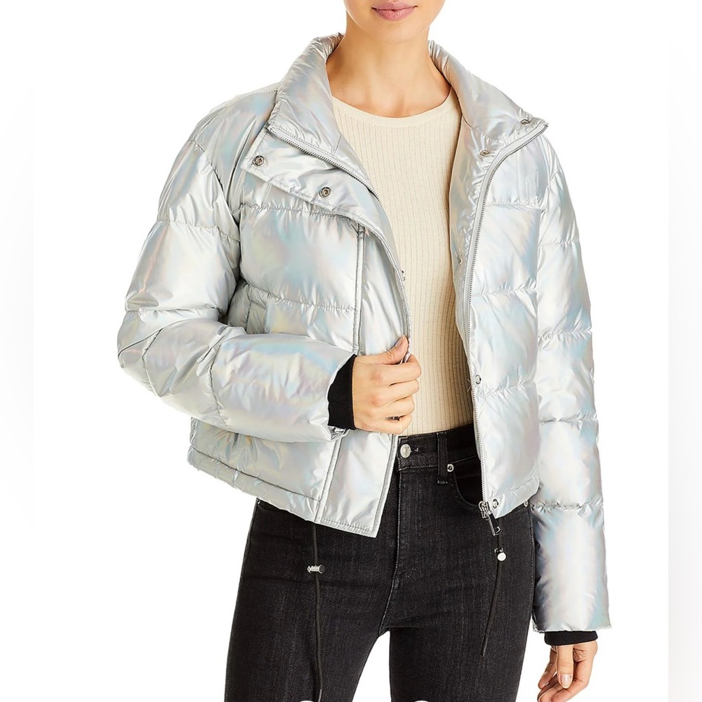 Aqua Womens Lightweight Cropped Puffer Jacket Silver Ombré Lg